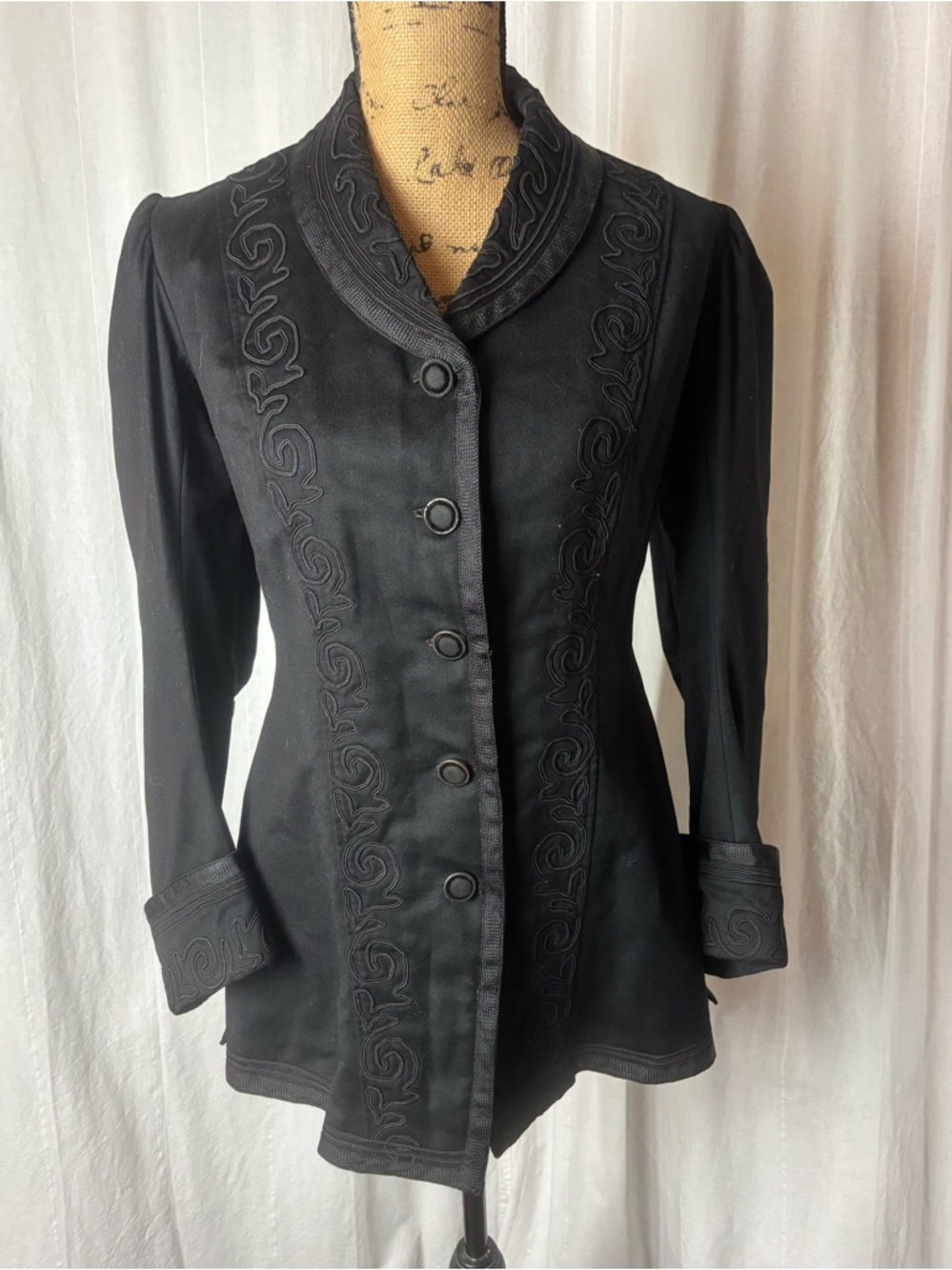 Hand Made Vintage Victorian Ladies Walking Jacket Black Soutache Size S NO TAGS
